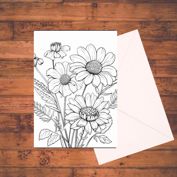8 Wildflowers A7 Coloring Cards Set: Adult DIY Coloring Kit with Envelopes - Picture 5 of 9